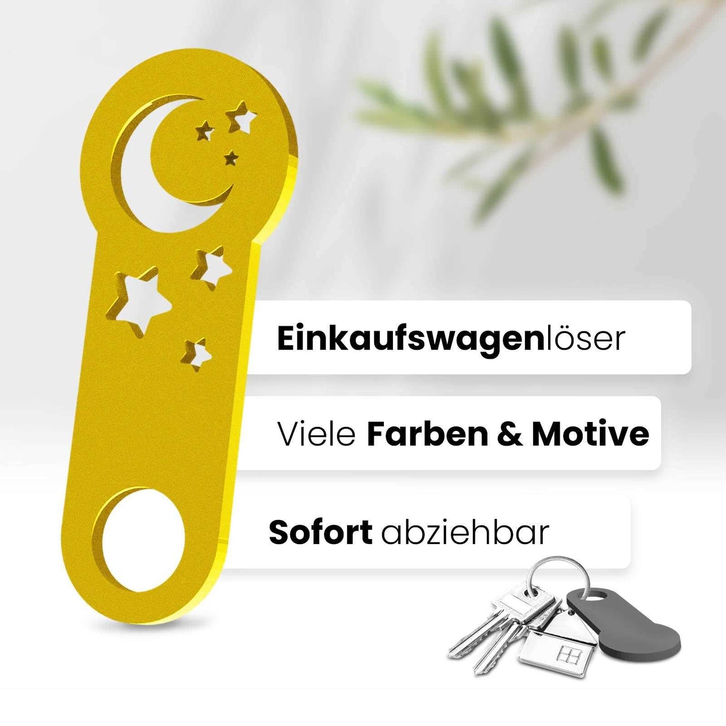 Unser 3D-gedruckter Einkaufswagenlöser mit Halbmond-Motiv. Einzigartiges Design für Mondliebhaber. Mit müheloser Entfernung aus dem Einkaufswagen.