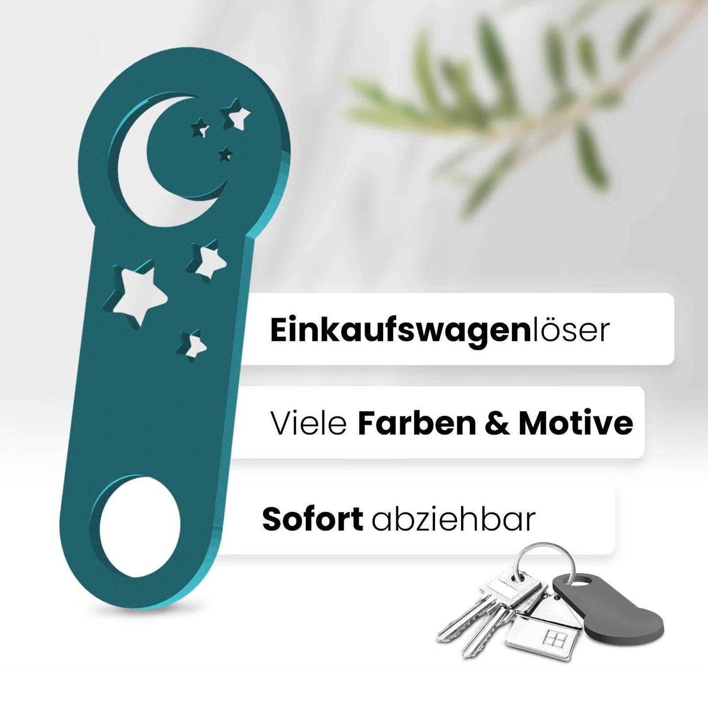 Unser 3D-gedruckter Einkaufswagenlöser mit Halbmond-Motiv. Einzigartiges Design für Mondliebhaber. Mit müheloser Entfernung aus dem Einkaufswagen.