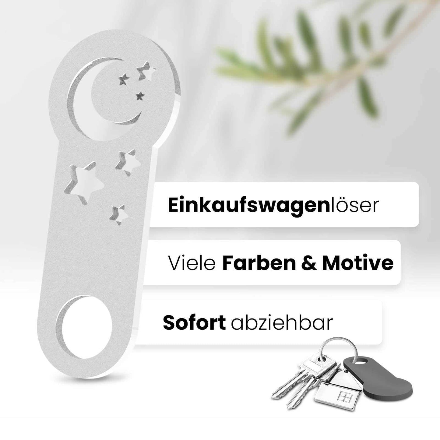 Unser 3D-gedruckter Einkaufswagenlöser mit Halbmond-Motiv. Einzigartiges Design für Mondliebhaber. Mit müheloser Entfernung aus dem Einkaufswagen.