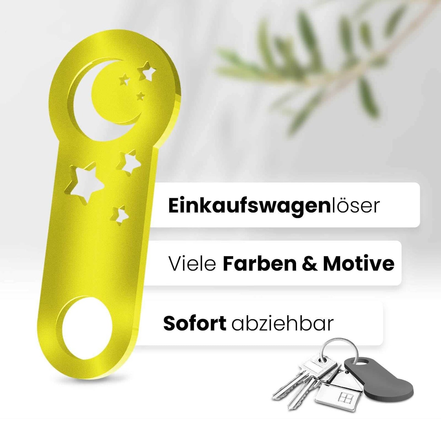 Unser 3D-gedruckter Einkaufswagenlöser mit Halbmond-Motiv. Einzigartiges Design für Mondliebhaber. Mit müheloser Entfernung aus dem Einkaufswagen.