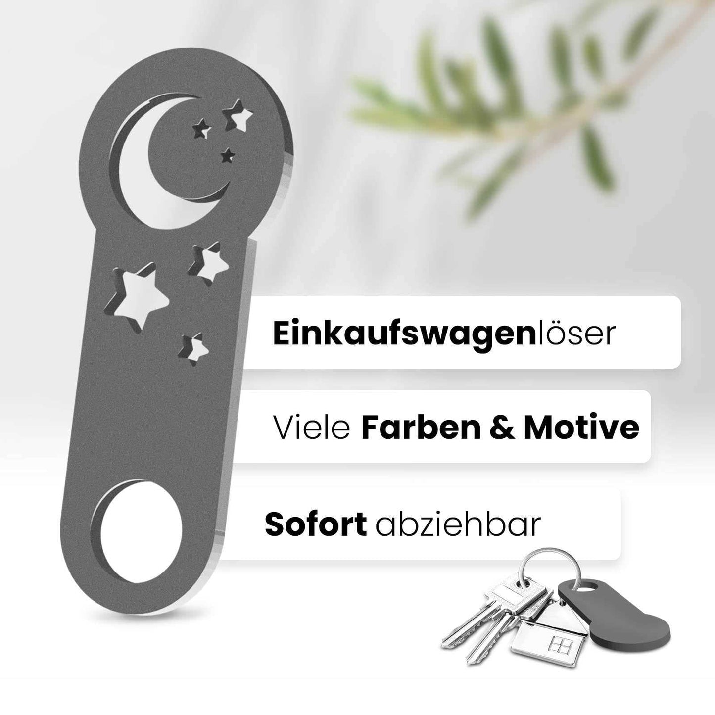Unser 3D-gedruckter Einkaufswagenlöser mit Halbmond-Motiv. Einzigartiges Design für Mondliebhaber. Mit müheloser Entfernung aus dem Einkaufswagen.