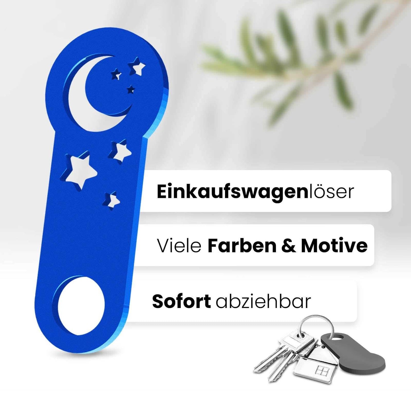 Unser 3D-gedruckter Einkaufswagenlöser mit Halbmond-Motiv. Einzigartiges Design für Mondliebhaber. Mit müheloser Entfernung aus dem Einkaufswagen.