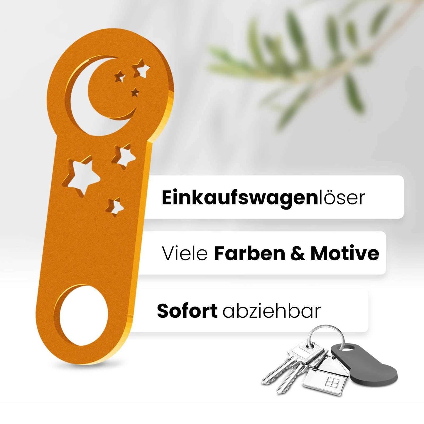 Unser 3D-gedruckter Einkaufswagenlöser mit Halbmond-Motiv. Einzigartiges Design für Mondliebhaber. Mit müheloser Entfernung aus dem Einkaufswagen.