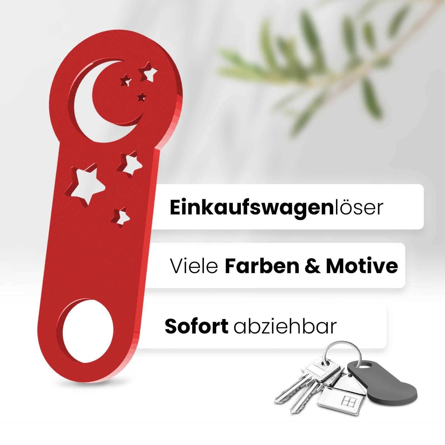 Unser 3D-gedruckter Einkaufswagenlöser mit Halbmond-Motiv. Einzigartiges Design für Mondliebhaber. Mit müheloser Entfernung aus dem Einkaufswagen.