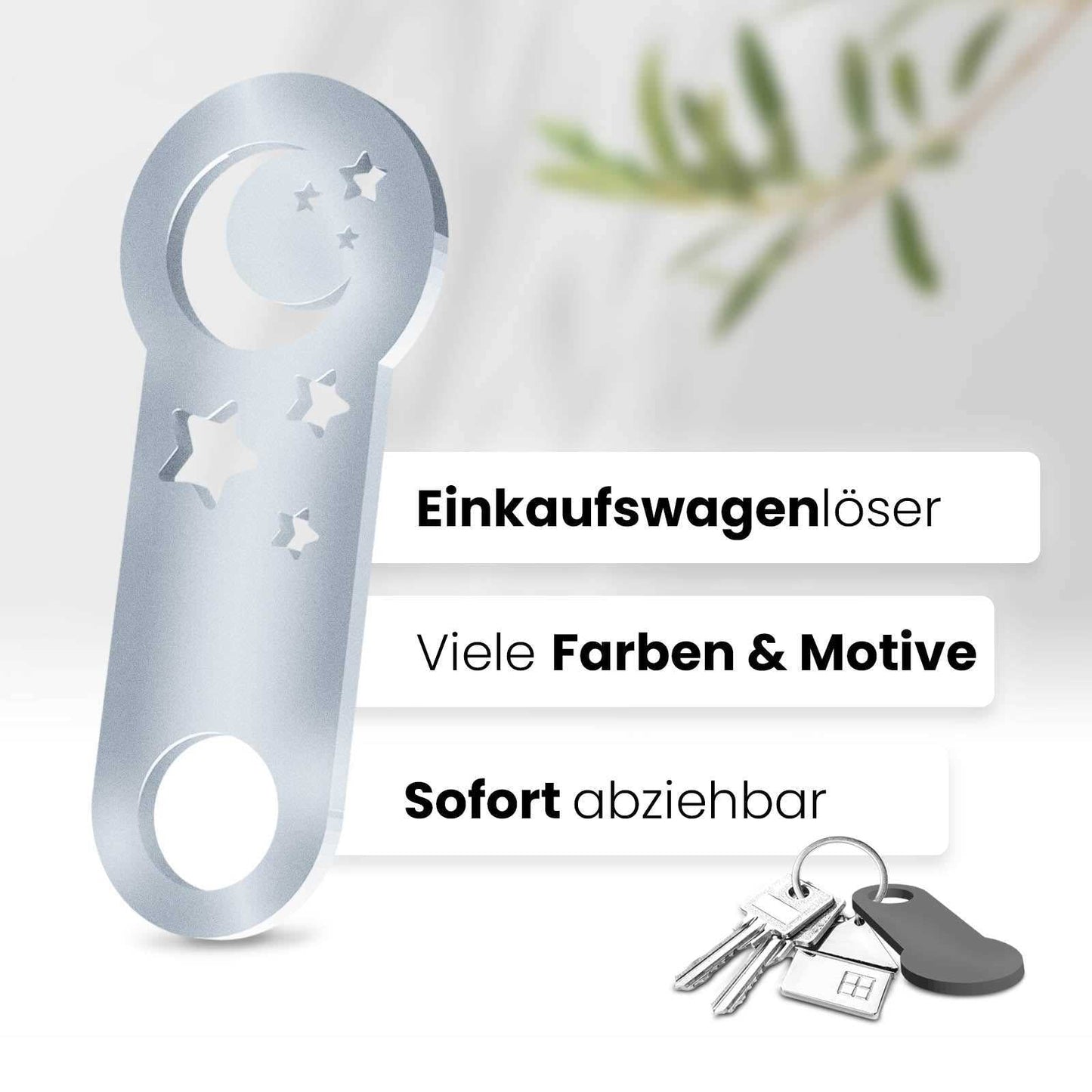 Unser 3D-gedruckter Einkaufswagenlöser mit Halbmond-Motiv. Einzigartiges Design für Mondliebhaber. Mit müheloser Entfernung aus dem Einkaufswagen.