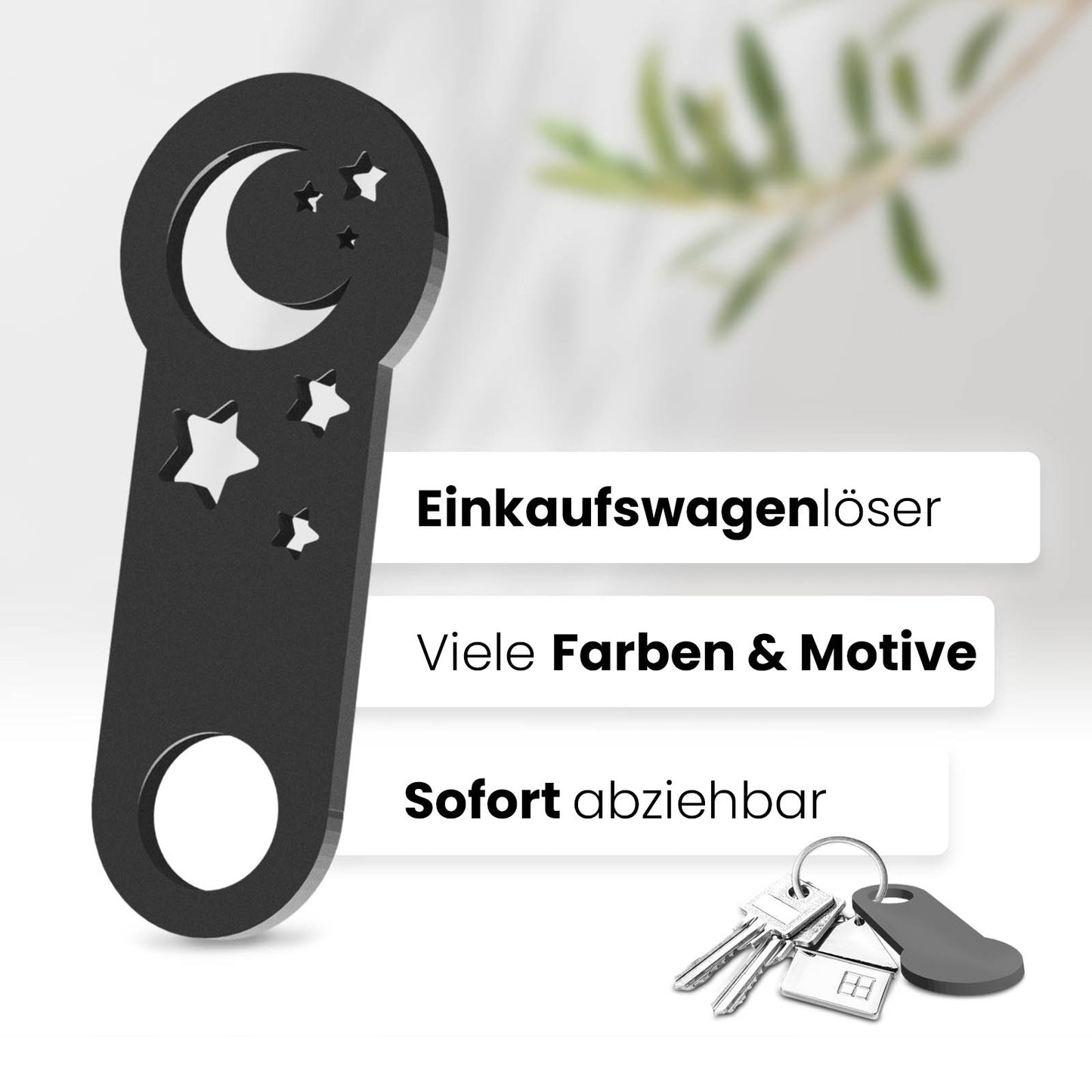 Unser 3D-gedruckter Einkaufswagenlöser mit Halbmond-Motiv. Einzigartiges Design für Mondliebhaber. Mit müheloser Entfernung aus dem Einkaufswagen.