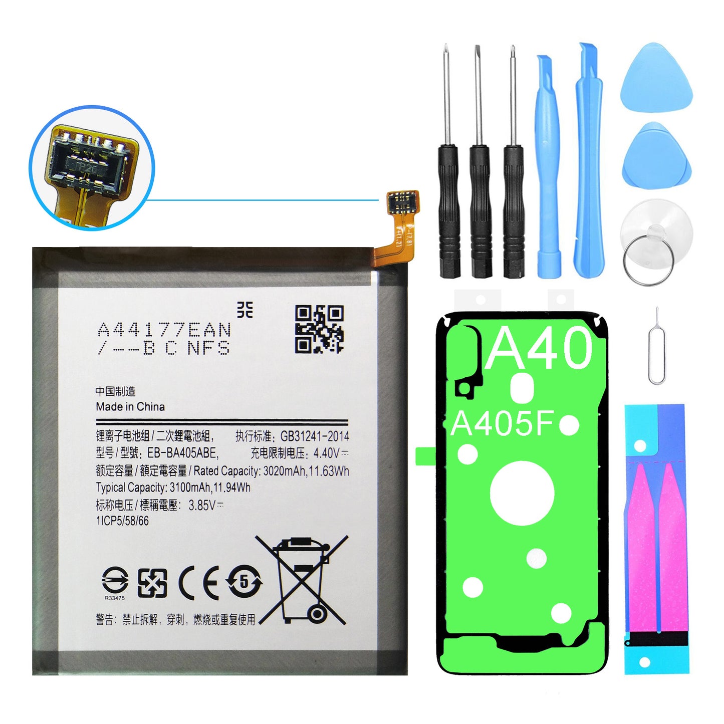 Kaufen Sie jetzt bei Dinngs.de einen hochwertigen EB-BA405ABE Ersatzakku für Ihr Samsung Galaxy A40. Kompatibel mit dem Samsung Galaxy A40. Inklusive Werkzeugset und Kleberahmen.