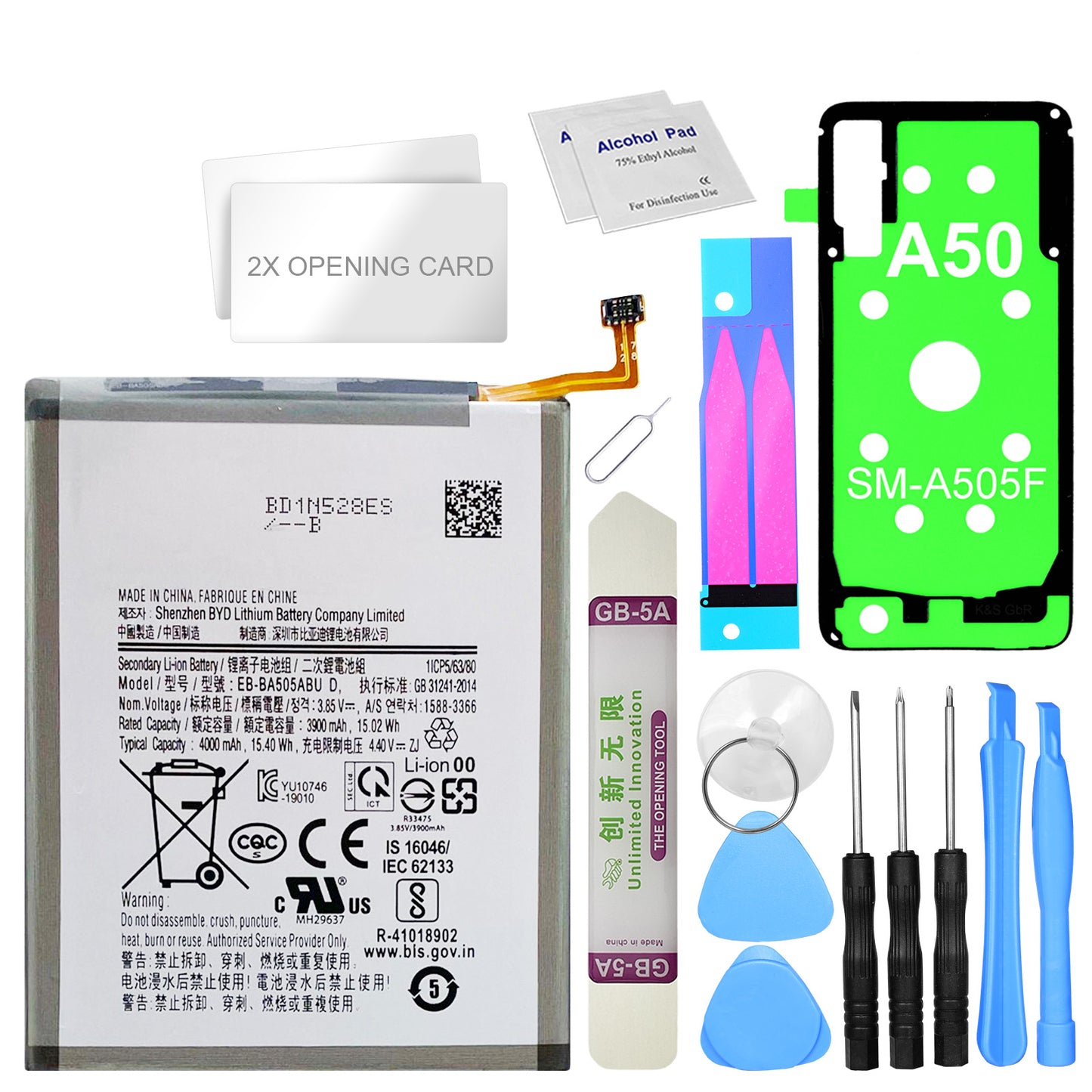 Kaufen Sie jetzt bei Dinngs.de einen hochwertigen EB-BA505ABU Ersatzakku für Ihr Samsung Galaxy A50. Kompatibel mit SM-A505F. Inklusive Werkzeugset