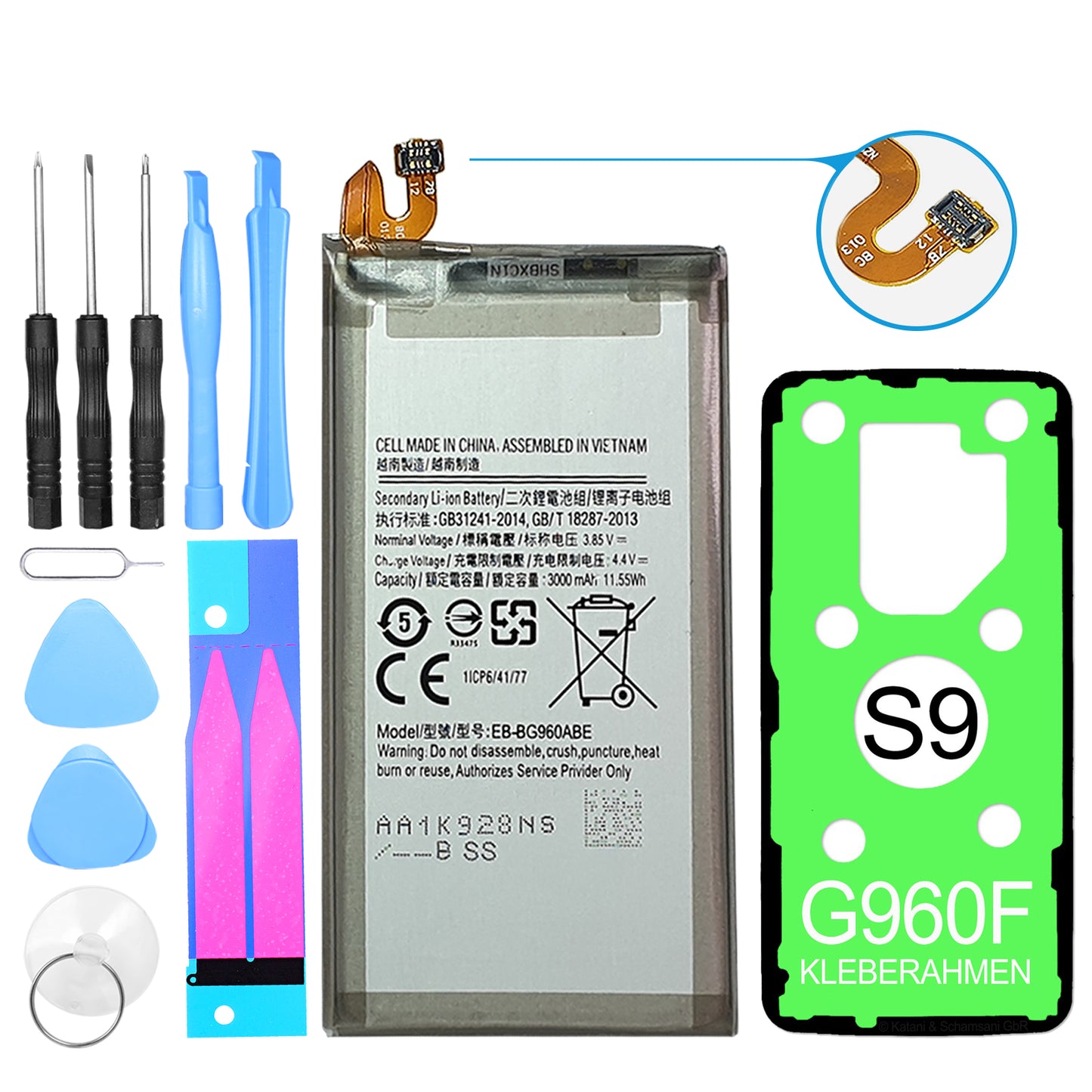 Ersetzen Sie Ihren defekten Akku im Samsung Galaxy S9 mit unserem hochwertigen Ersatzakku. Inklusive Werkzeugset und Kleberahmen für eine einfache Installation.