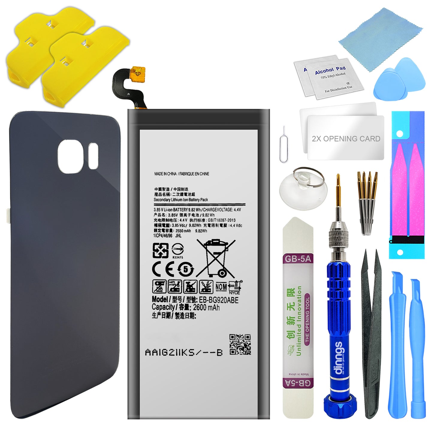 Ersatzakku für das Samsung Galaxy S6 SM-G920F. Ersetzt den originalen EB-BG920ABE Akku und beinhaltet einen Akkudeckel in Dunkelblau sowie ein Werkzeugset für den einfachen Umbau.