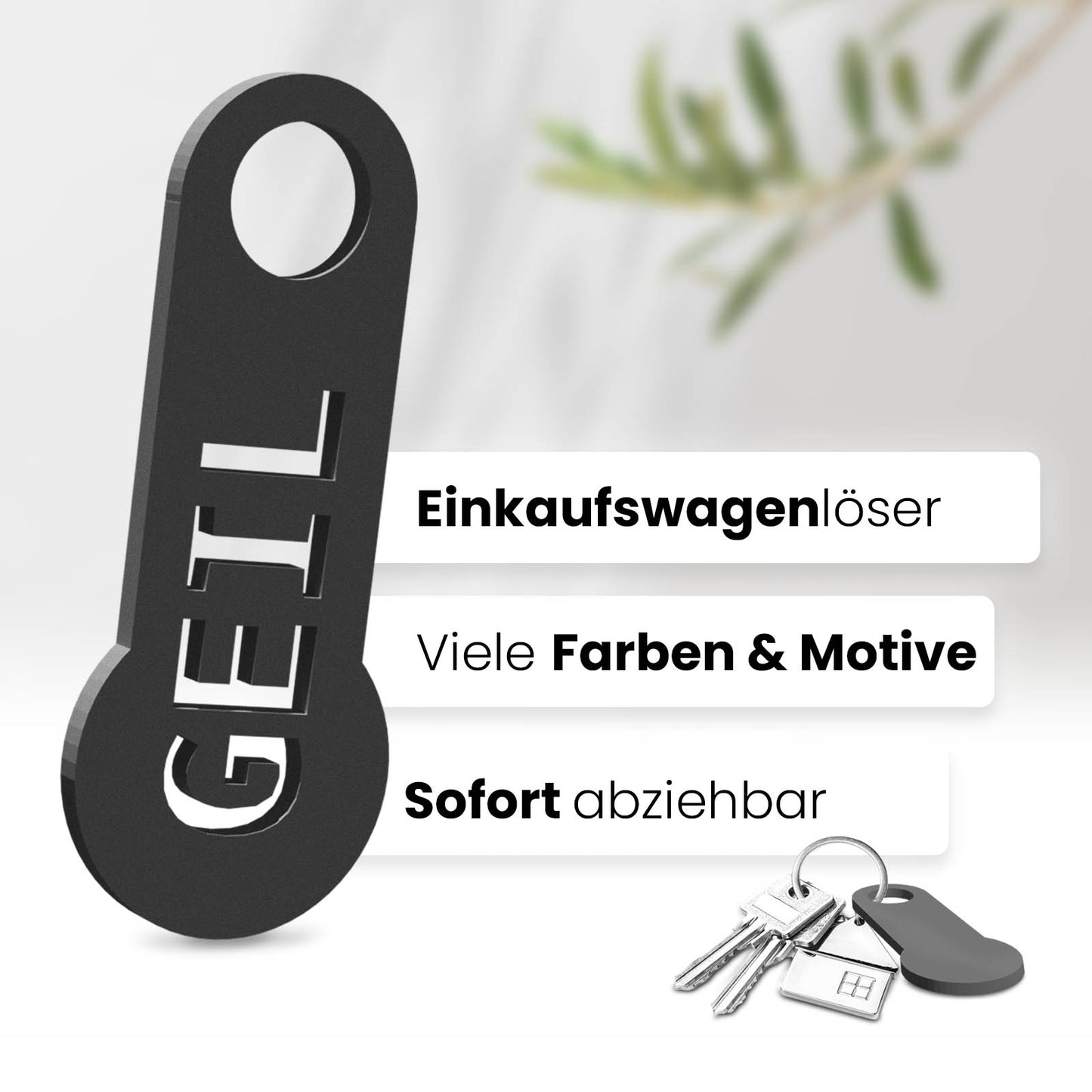 Unser auffällige "Geil" Einkaufswagenlöser ein cooles Flair. Dieses 3D-gedruckte Accessoire bietet nicht nur Funktionalität, sondern auch ein trendiges Design.