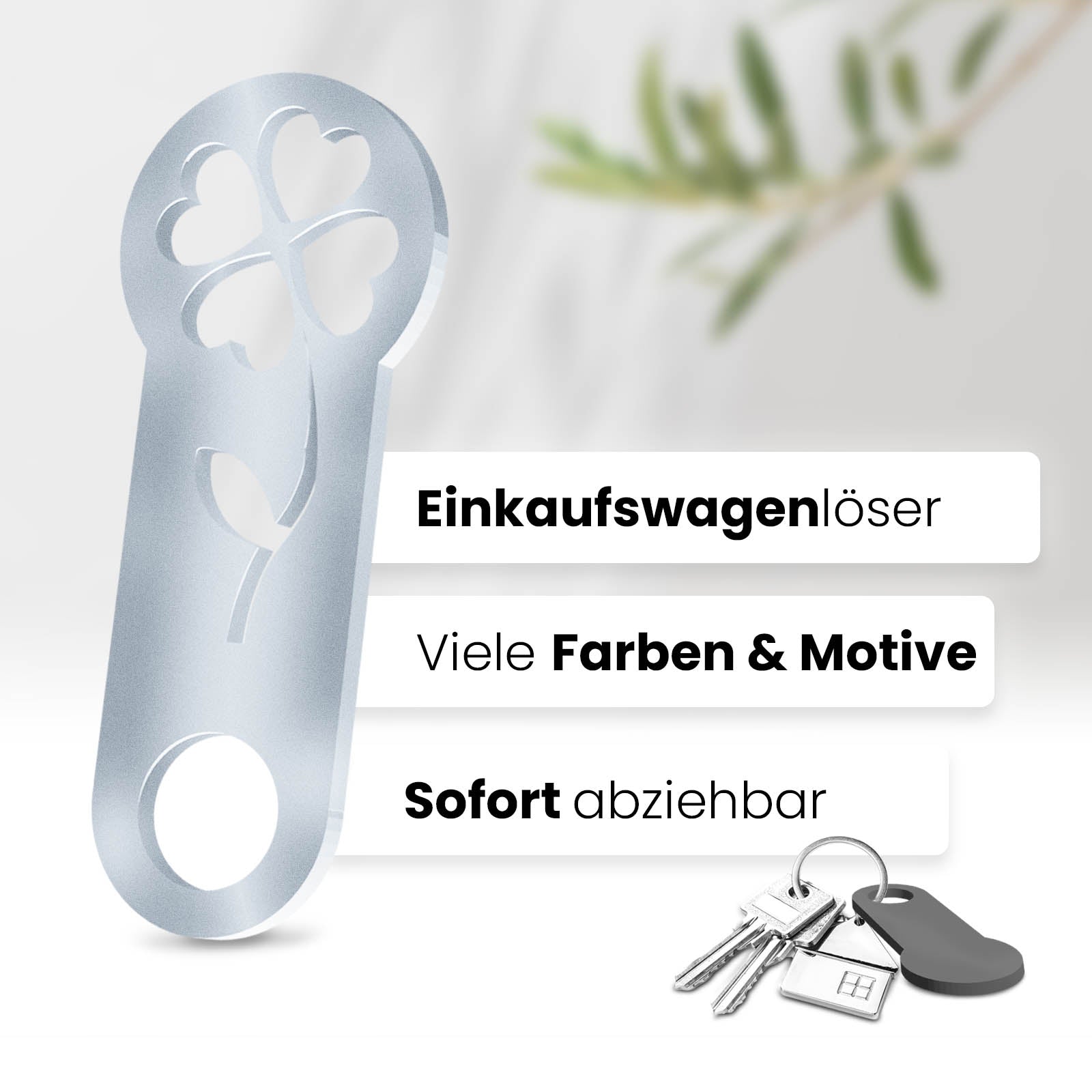 Entdecken Sie den Kleeblatt Schlüsselanhänger – ein sofort abziehbarer Glücksbringer mit integrierter Einkaufswagenlöser Funktion.