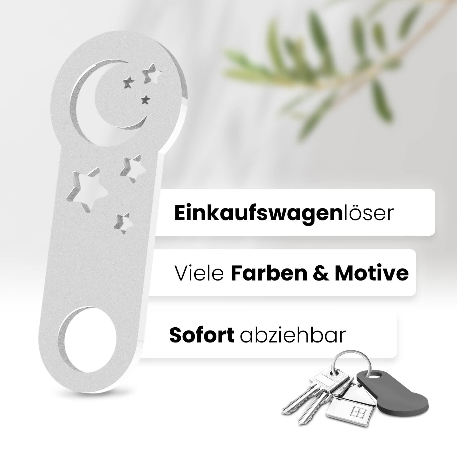 Unser 3D-gedruckter Einkaufswagenlöser mit Halbmond-Motiv. Einzigartiges Design für Mondliebhaber. Mit müheloser Entfernung aus dem Einkaufswagen.