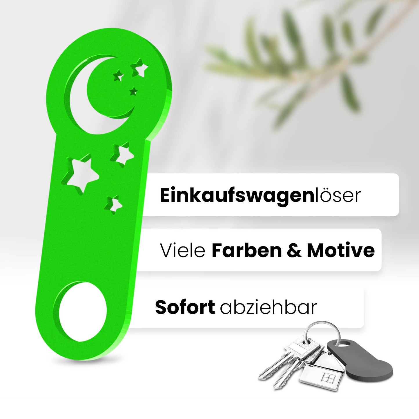 Unser 3D-gedruckter Einkaufswagenlöser mit Halbmond-Motiv. Einzigartiges Design für Mondliebhaber. Mit müheloser Entfernung aus dem Einkaufswagen.