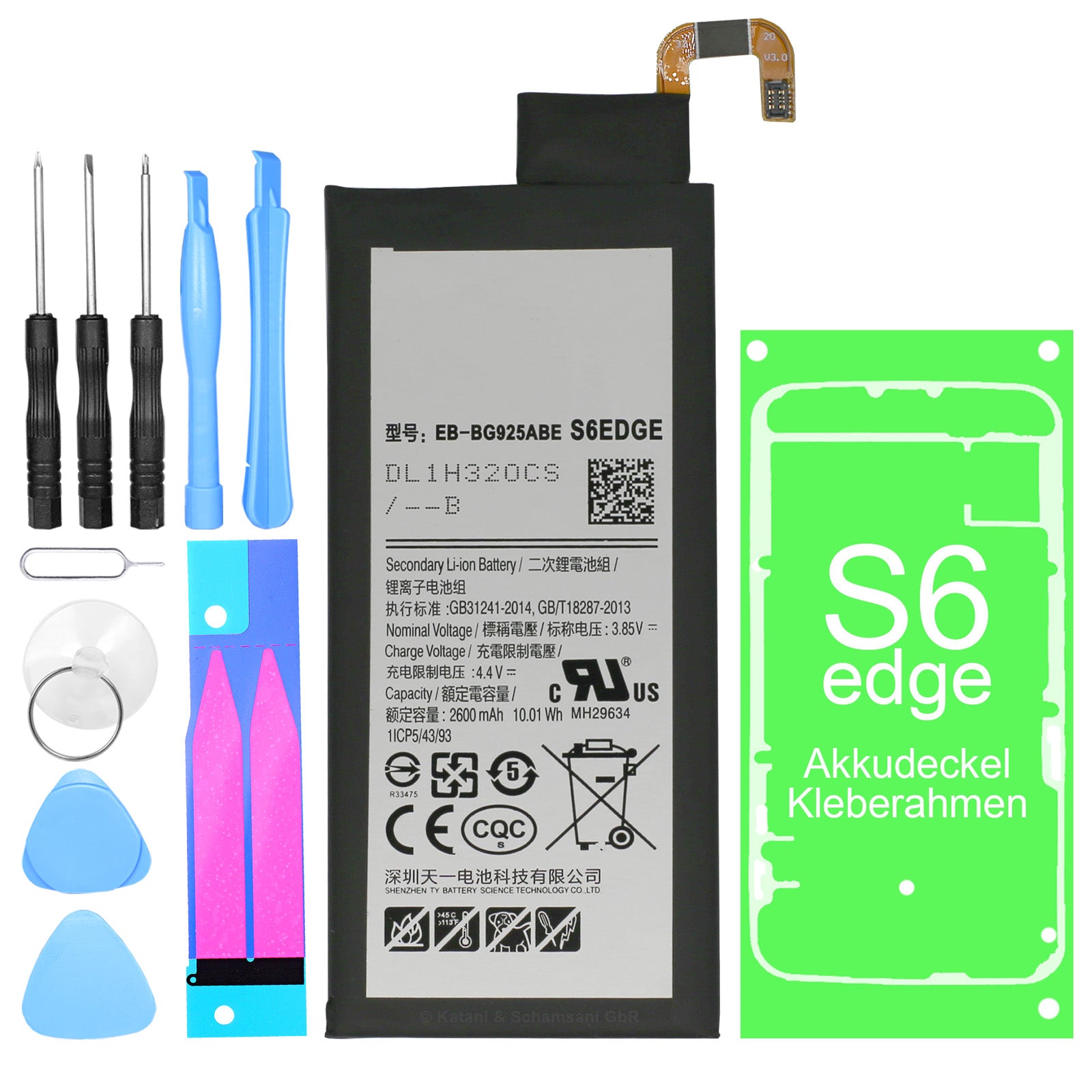 Hochwertiger Ersatzakku für Samsung Galaxy S6 Edge SM-G925F inklusive Werkzeug-Set und Kleberahmen. Ersetzt den Akku mit der Teilenummer EB-BG925ABE.