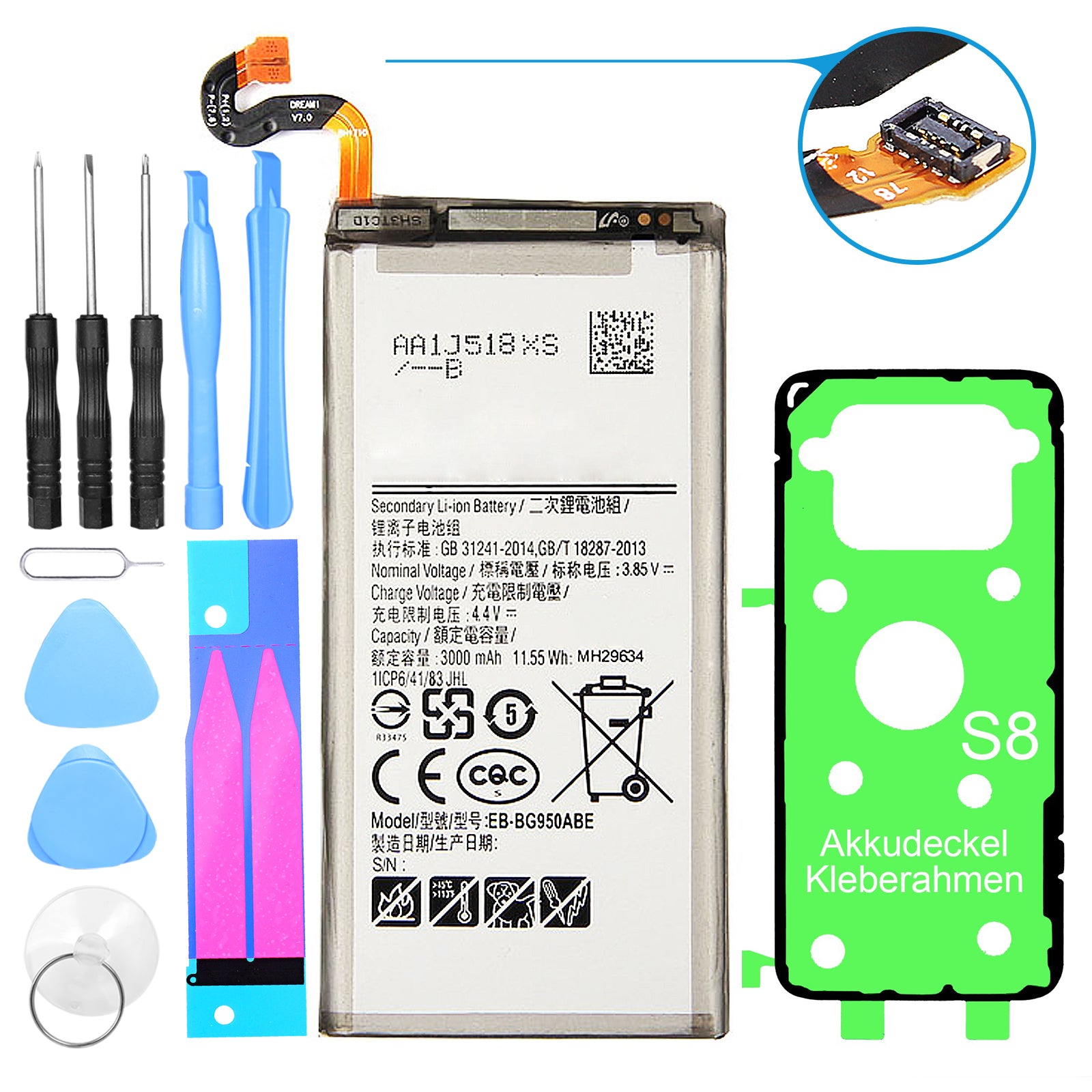 Hochwertiger Ersatzakku für Samsung Galaxy S8 SM-G950. Ersetzt den Akku EB-BG950ABE. Inklusive Werkzeug-Set und Kleberahmen.