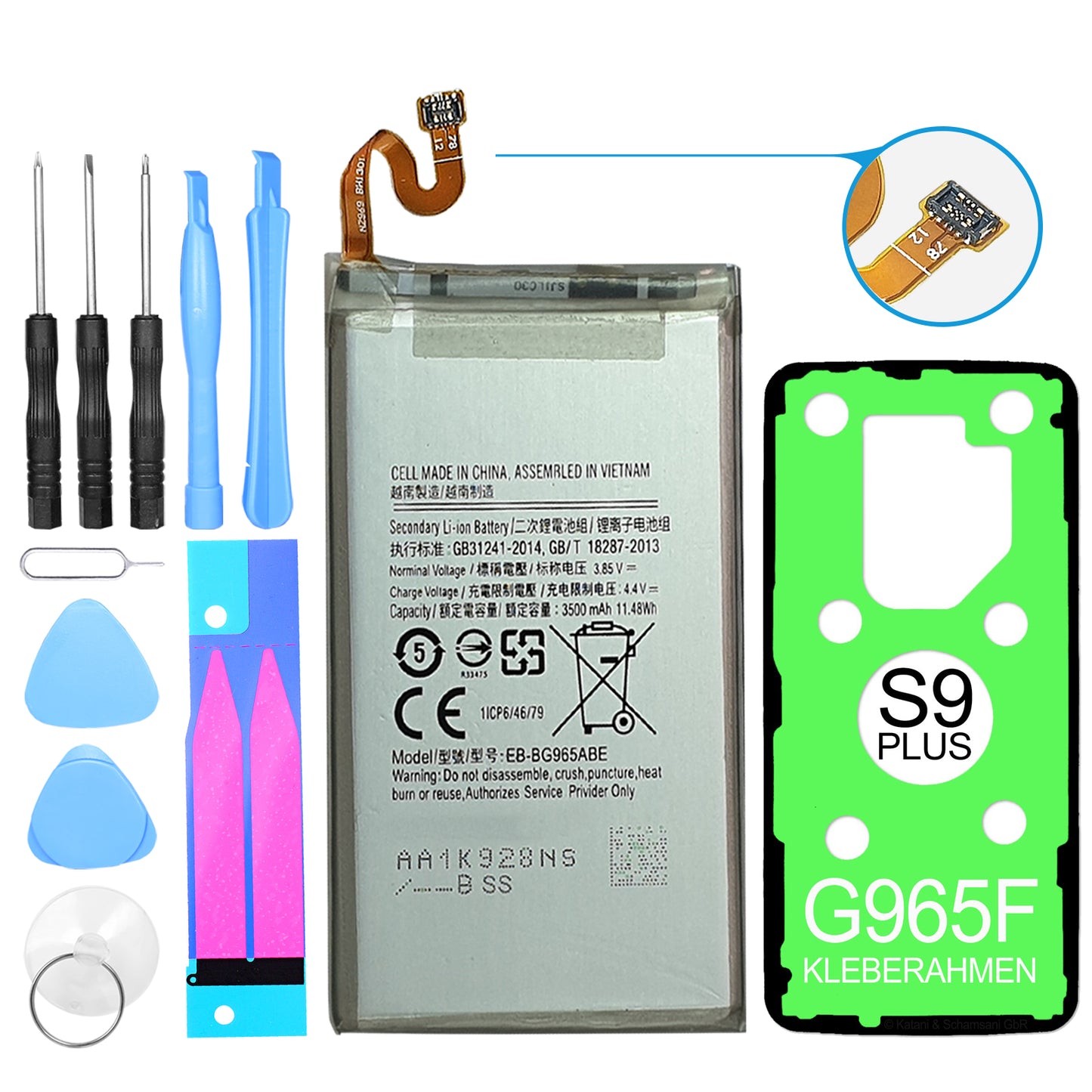 Hochwertiger EB-BG965ABE Akku inklusive Werkzeugset und Kleberahmen. Passend für das Samsung Galaxy S9 Plus SM-G965. Einfache Selbstinstallation.